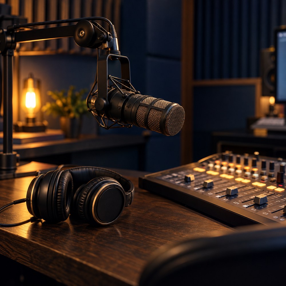 Arte ilustrativa de um estúdio de rádio com microfone, fones e mesa de áudio.